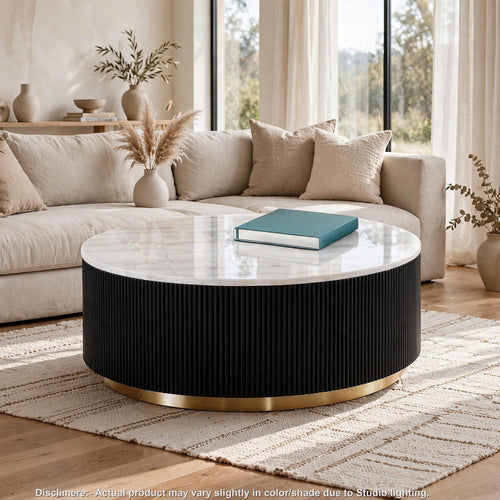 Viren Cocktail Table | Gold Accent | Marble Top | Black Reeded Base | 35"