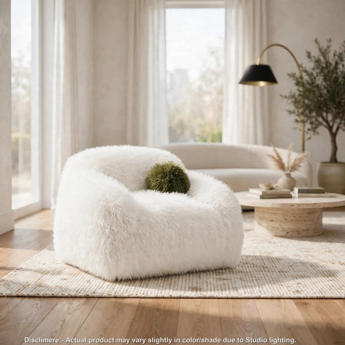 Dera Swivel Accent Chair with Green Ball Pillow Set | White Faux Fur