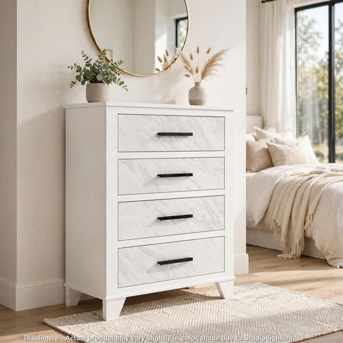 Feza Tall Dresser Chest with 4 Drawers | Faux Marble Accents | White