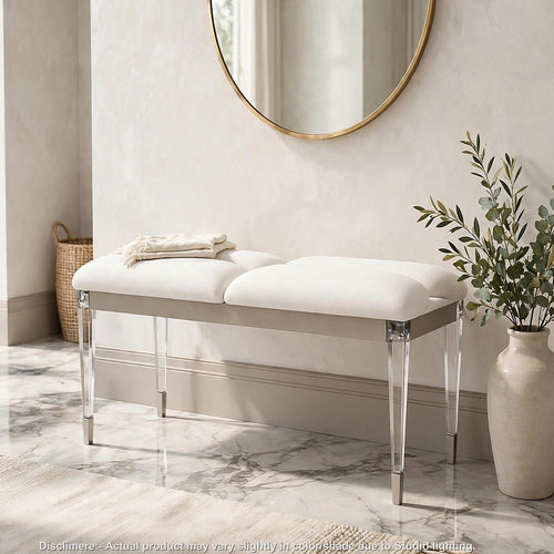 Zema Modern Accent Bench with Tapered Acrylic Leg | White Fabric | 54"