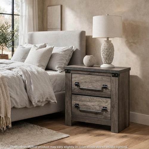 Bry Nightstand with 2 Drawers and Metal Handles | Rustic Gray Wood