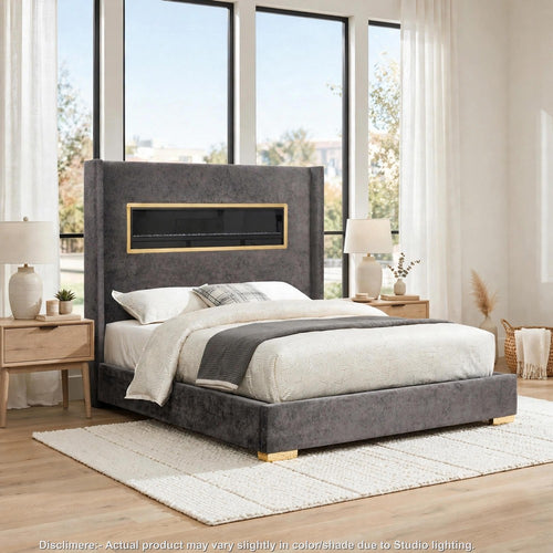 Danvy Queen Storage Bed | Built-In Bluetooth | LED Fireplace | Gray Wood
