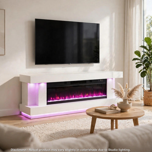 Peux TV Stand with Electric Fireplace | RGB Lighting | White Wood | 71"