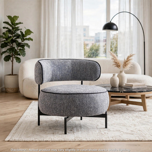 Flora Swivel Accent Chair | Curved Back | Black Metal Legs | Gray Fabric
