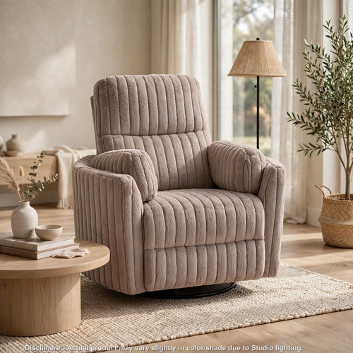 Bela Swivel Glider Power Recliner Chair | Taupe Channel-Tufted Fabric