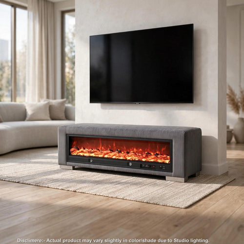Elna Bench with Visual Wood Log Fireplace | Audio and Remote Control | Gray