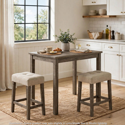 Elaya 3pc Counter Height Dining Set with Tufted Beige Stools | Brown Wood
