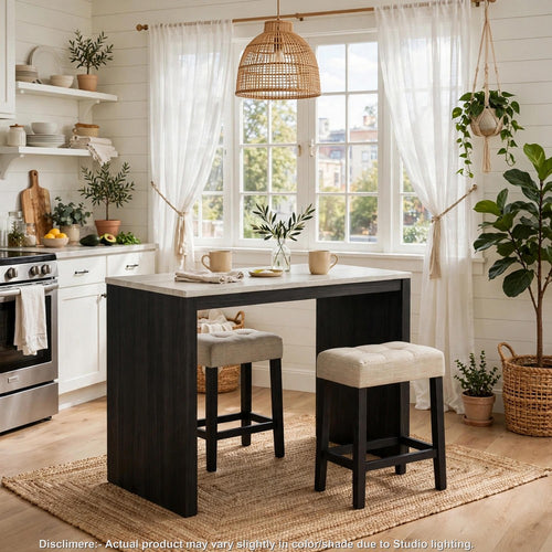 Zainy 3pc Counter Height Table Set with Beige Tufted Stools | Brown Wood