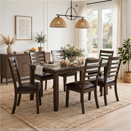 Naaya 7pc Dining Table Set with 6 Faux Leather Chairs | Brown Faux Marble