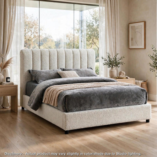 Soru King Size Bed | Vertical Channel Tufted | White Boucle Upholstery