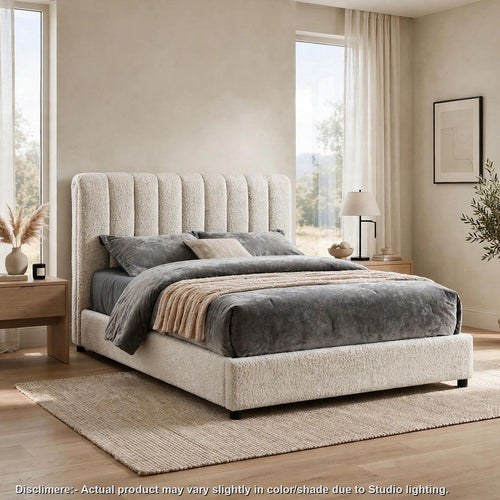 Soru Full Size Bed | Vertical Channel Tufted | White Boucle Upholstery