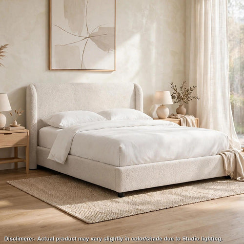 Inya King Size Bed | Shelter Padded Headboard | White Boucle Upholstery