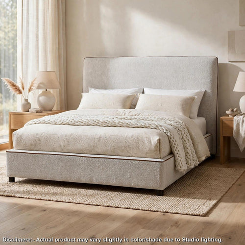 Ena Queen Size Bed | Oak Upholstery with Brown Contrast Welt | Low Profile