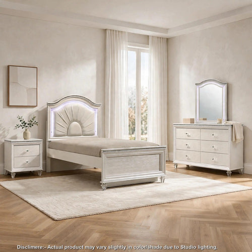 Jisoo 4pc Full Bedroom Set | LED Headboard, Dresser, Mirror | Pearl White