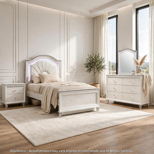 Jisoo 4pc Twin Bedroom Set | LED Headboard, Dresser, Mirror | Pearl White