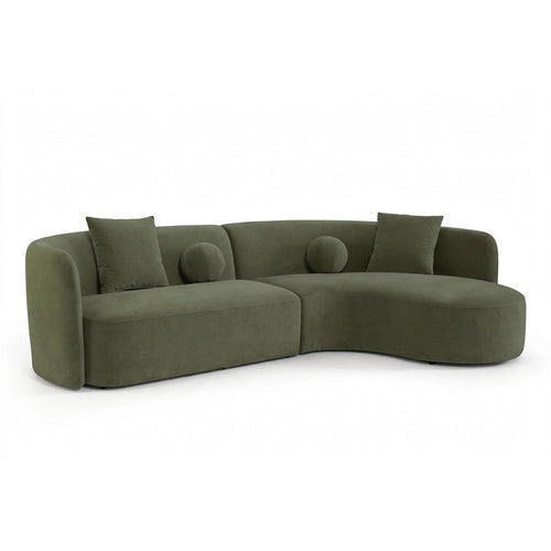 Revi Curved Sectional Sofa | 4 Pillows | Olive Green Chenille 112"