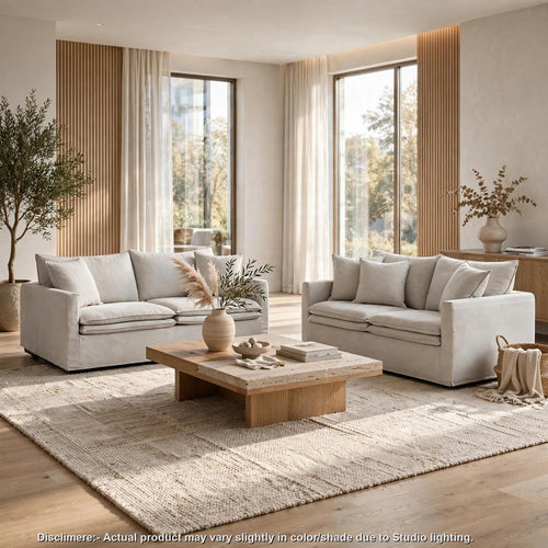 Rutu 2pc Sofa and Loveseat Set w 4 Pillows | Track Arms | Light Gray Linen