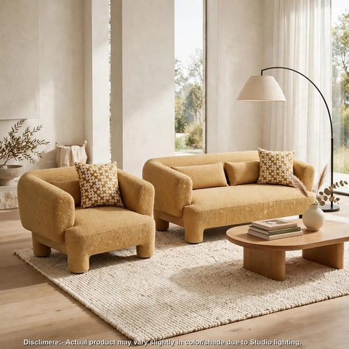 Hira 2pc Sofa and Oversized Chair Set | 5 Pillows | Round Arms | Yellow Fabric