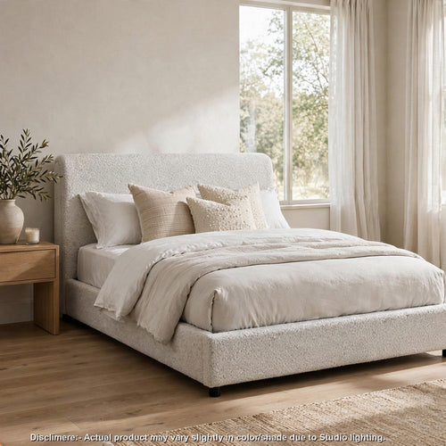 Woi King Bed | Foam Headboard | Metallic White Boucle-Chenille Upholstery