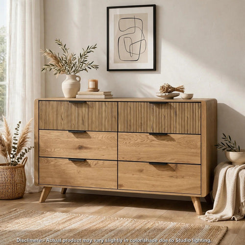 Siva Wide Dresser | 6 Drawers | Vertical Reeded Fronts | Light Oak Brown