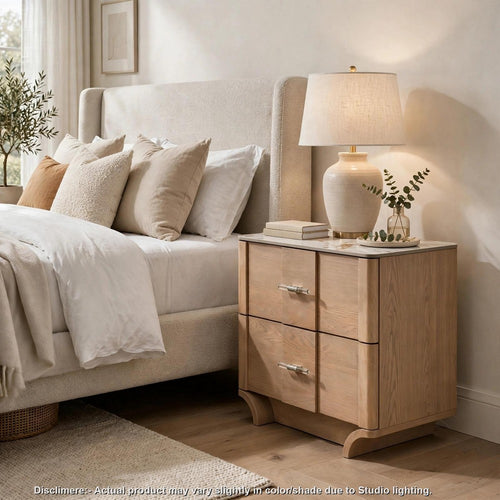 Lumi Nightstand | White Sintered Stone Top | 2 Drawer | Light Oak Brown