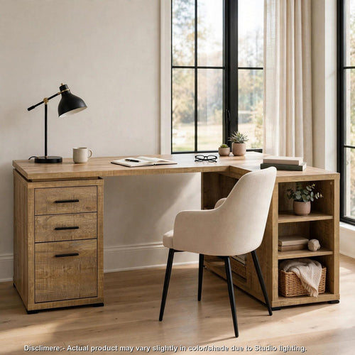 Yena 60" L Shape Computer Desk | 3 Drawer | Open Shelf | Mango Brown
