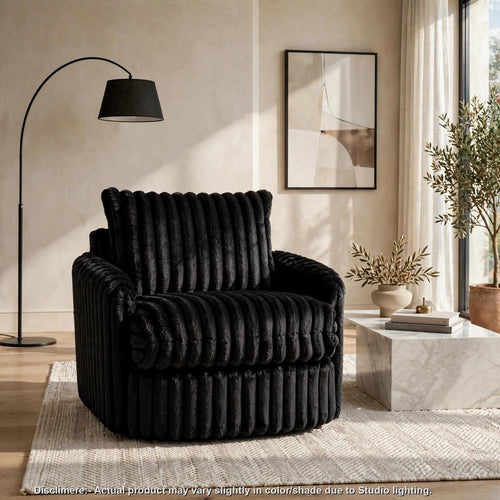 Nona Swivel Accent Sofa Chair | Black Corduroy Upholstery | Foam Cushions