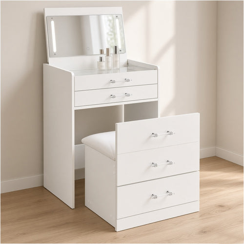 Dena 2pc Makeup Vanity and Stool Set | White High Gloss | 3 Drawer