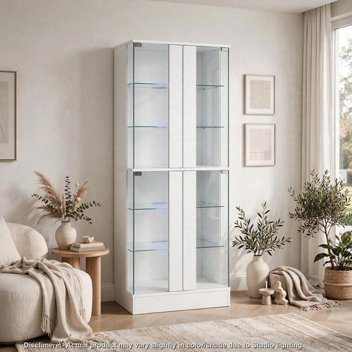 Cina LED Curio Cabinet | White High Gloss | 4 Doors | 6 Shelves | 64"