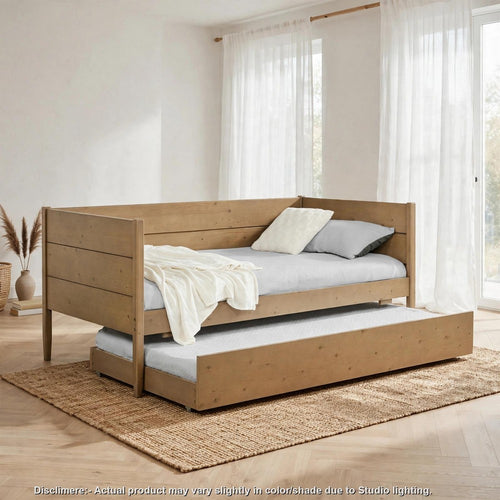 Camie Twin Panel Daybed with Trundle | Natural Brown Finish | Pine Wood