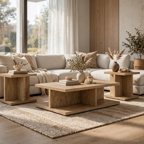 Chet 3pc Coffee and End Table Set | Open Shelves | Brown Mango Laminate