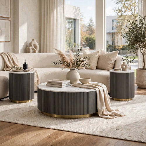 Jiya 3pc Round Coffee and End Table Set | White Marble Top | Charcoal Gray