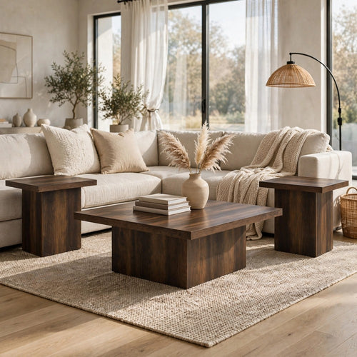 Darla 3pc Round Coffee and End Table Set | Dark Brown Pine Laminate