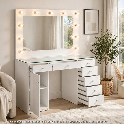 Aera 2pc Vanity Table Set with Bulb Mirror | Glass Top | 7 Drawers | White