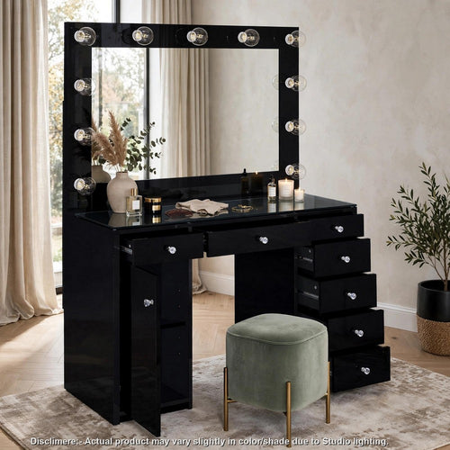 Aera 2pc Vanity Table Set with Bulb Mirror | Glass Top | 7 Drawers | Black