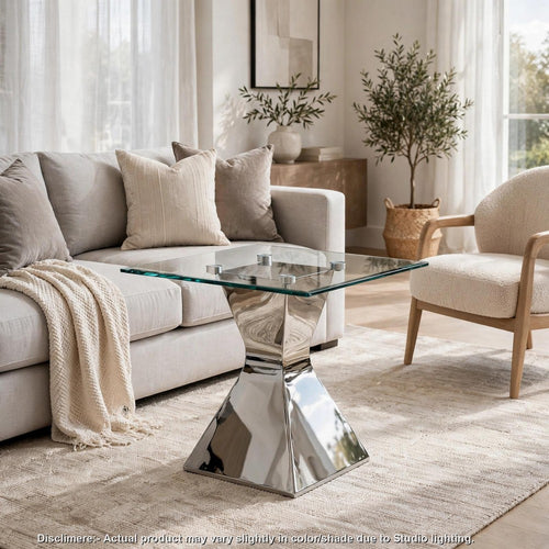 Tani Side End Table | Tempered Glass Top | Chrome Hourglass Base 24"
