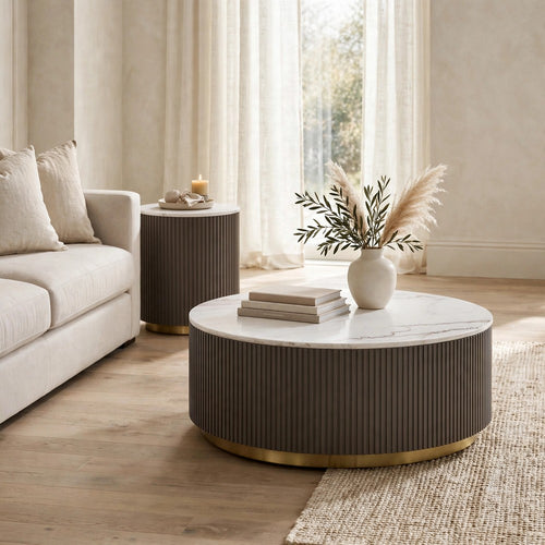 Jiya Round Coffee-End Table Set | Reeded Base | Gold Trim | White Marble