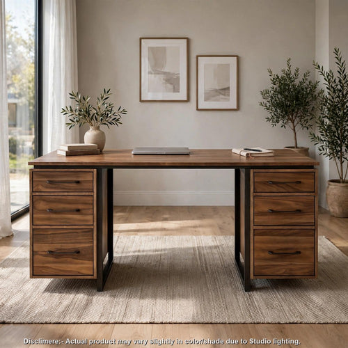 Berty Double Pedestal Computer Desk | 6 Drawers | Walnut Brown Wood 65"