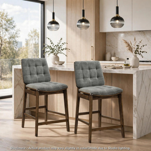 Bera Counter-Height Chairs | Brown Wooden Feet | Set of 2 | Gray Velvet