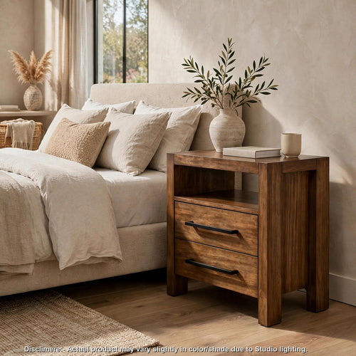 Adan Nightstand with Open Shelf | 2 Drawers | Brown Paulownia-Rubberwood