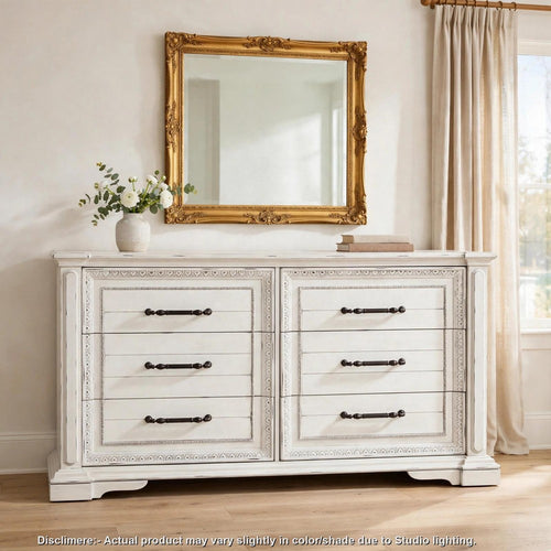 Jenie 74" Wide Dresser with Ornate Details | 6 Drawers | White Wood