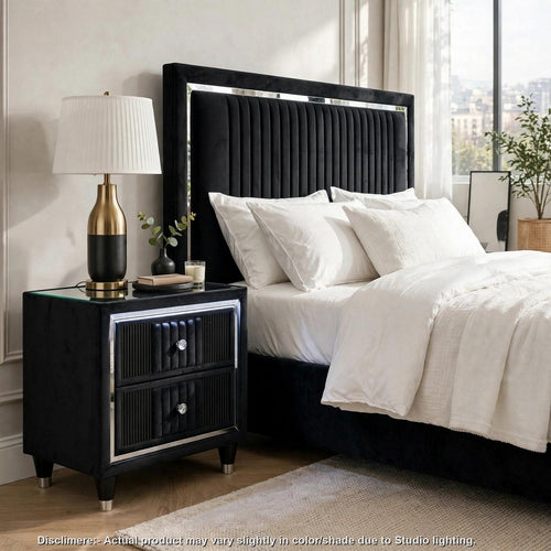 Vinni LED Nightstand w USB | 2 Drawers | Glass Top | Channeled Black Velvet