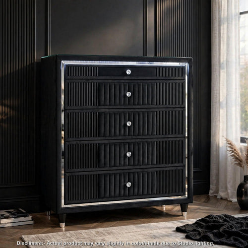 Vinni LED Tall Dresser Chest | 5 Drawers | Glass Top | Channeled Black Velvet