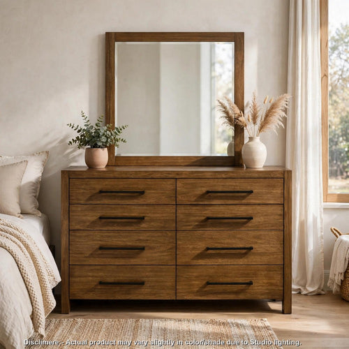 Adan 2pc Wide Dresser and Beveled Mirror Set | 8 Drawers | Warm Brown