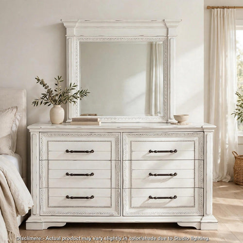 Jenie 2pc Wide Dresser with Mirror Set | 6 Drawers | Molding | Vintage White