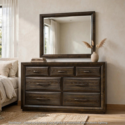 Lahi 2pc Wide Dresser and Mirror Set | 7 Beveled Drawers | Dark Oak Brown
