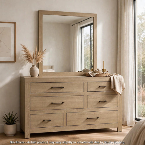 Juhi 2pc Wide Dresser and Mirror Set | 6 Asymmetric Drawers | Light Oak Brown