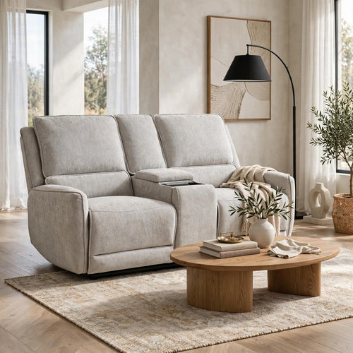 Mery Power Recliner Loveseat | Storage Console | Soft Dove Gray Chenille
