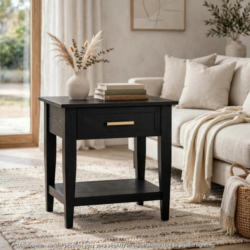 Kipa Side End Table | Framed Drawer | Open Shelf | Gold Handle | Black 25"