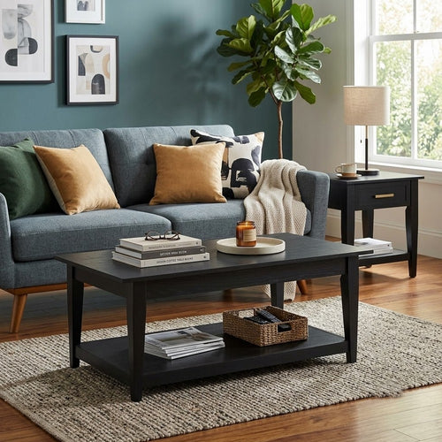 Kipa 2pc Lift Top Coffee and End Table Set | Open Shelf and Drawer | Black